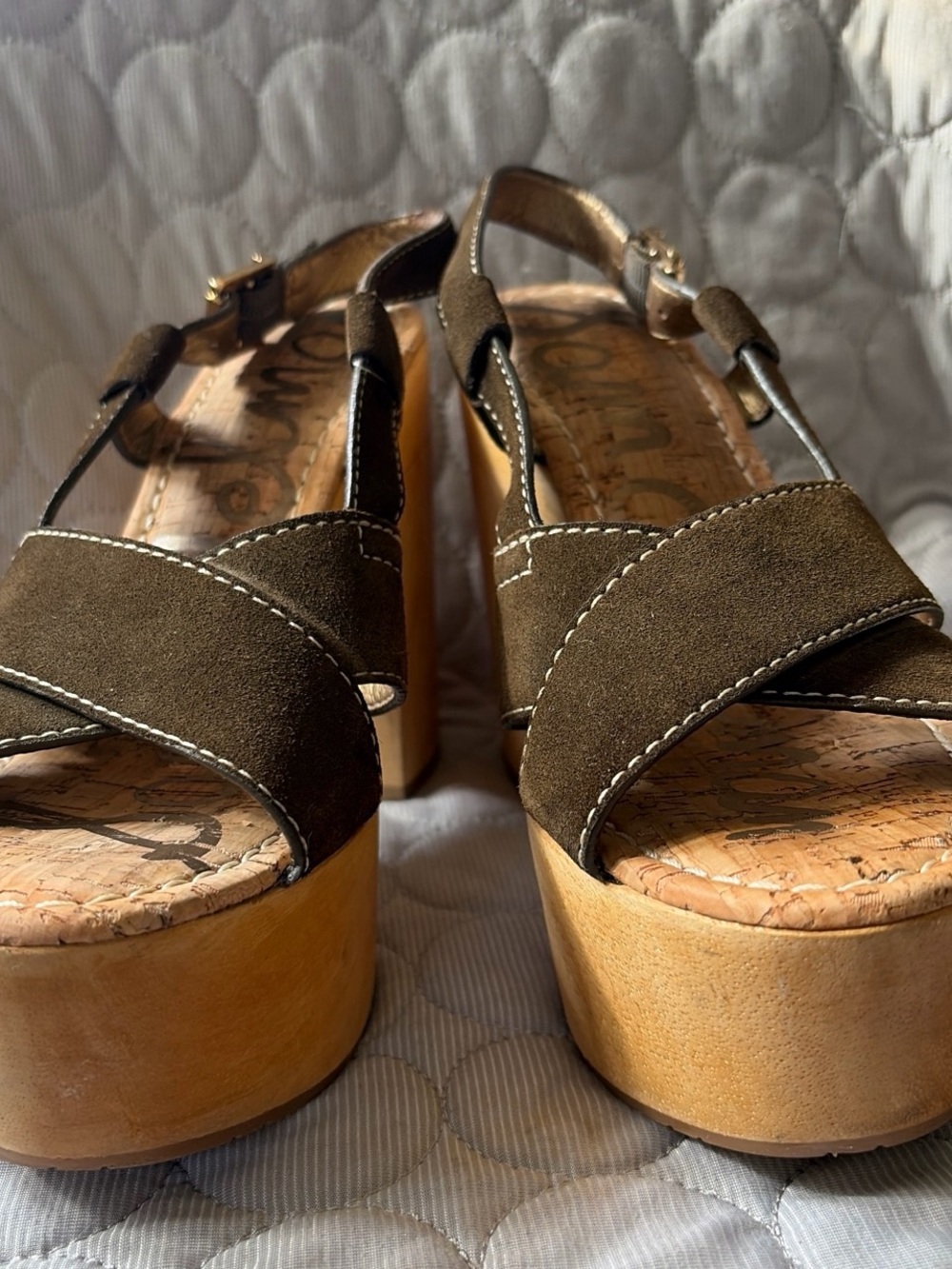 Sam Edelman Olive Green Suede Platform Sandals with Wood-Look Heel